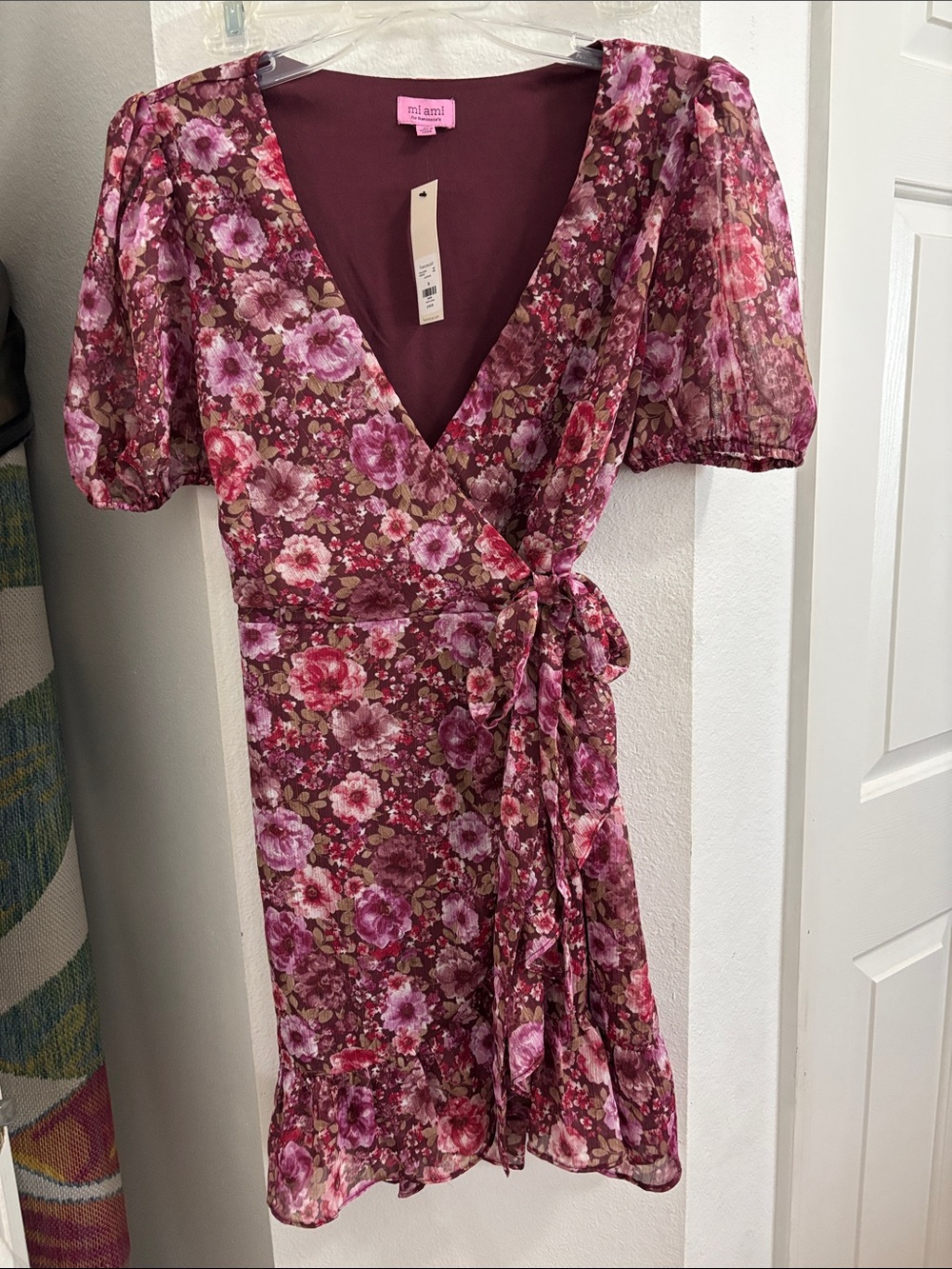 miami Floral Wrap Dress in Burgundy and Pink